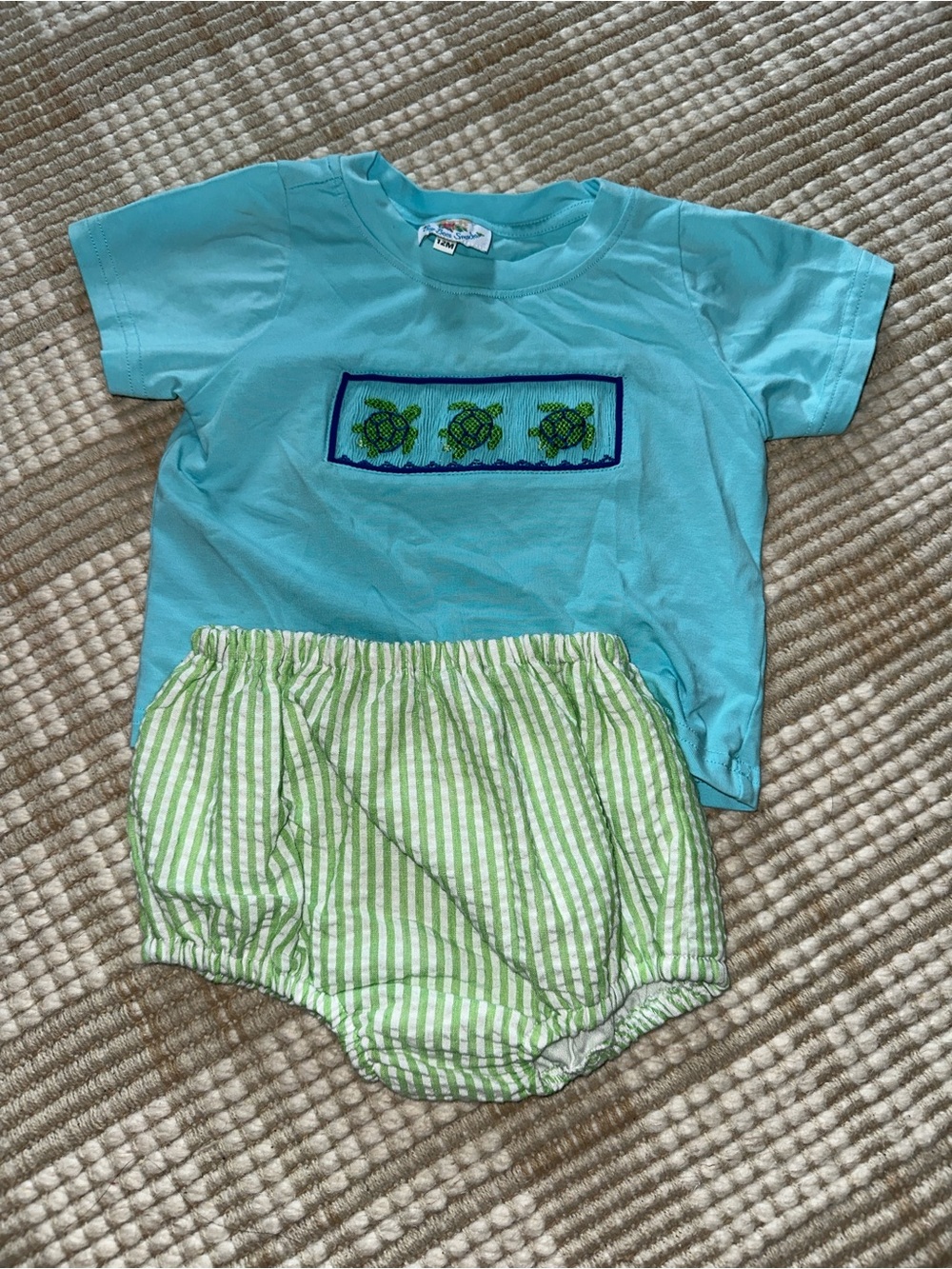 Busy Bee Smocks Light Blue Turtle Appliqué Tee with Green Stripe Diaper Cover